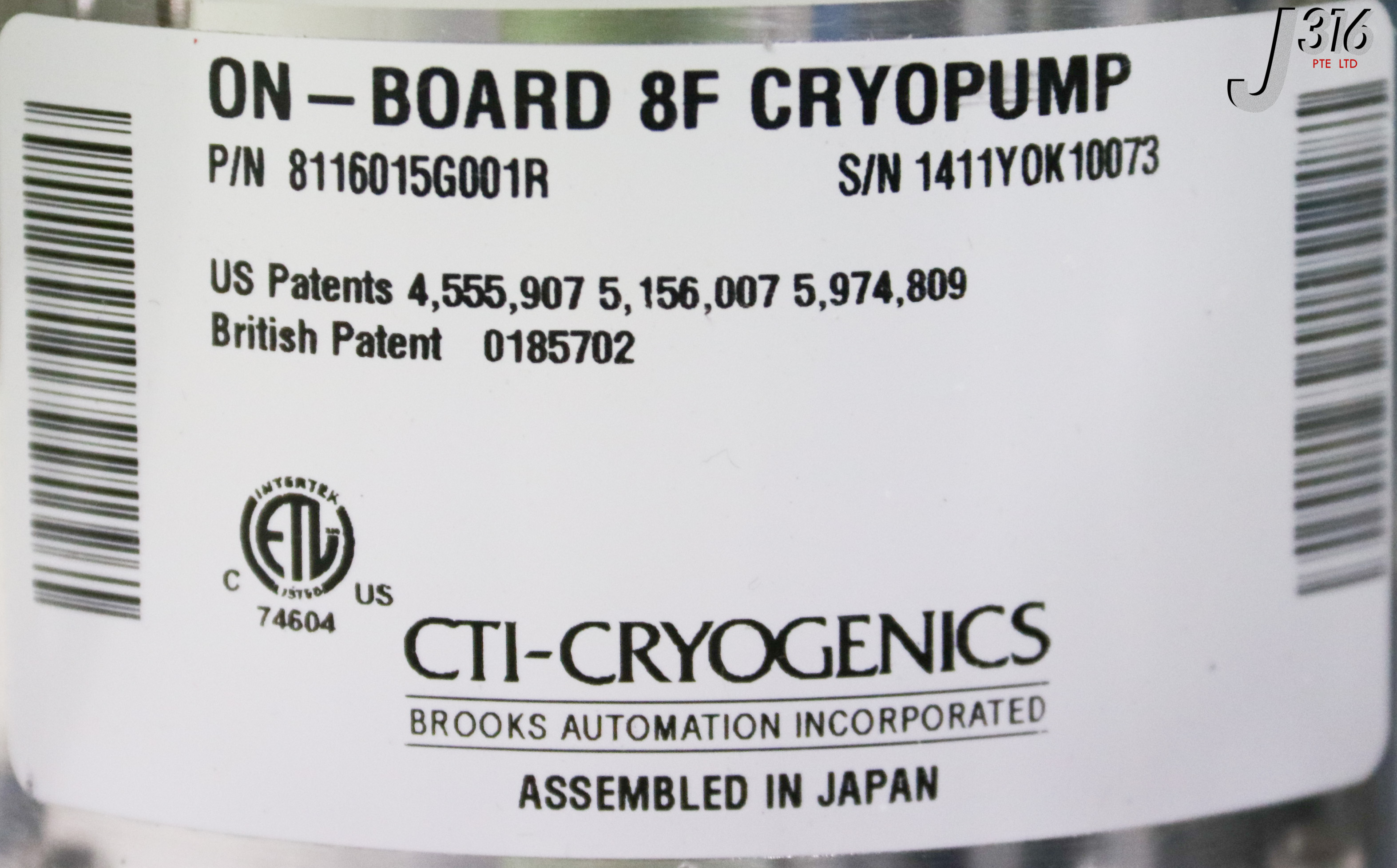 三 34561 CTI CRYOGENICS ON-BD 8F VACUUM CRYOPUMP W/ VLV 8112580G001